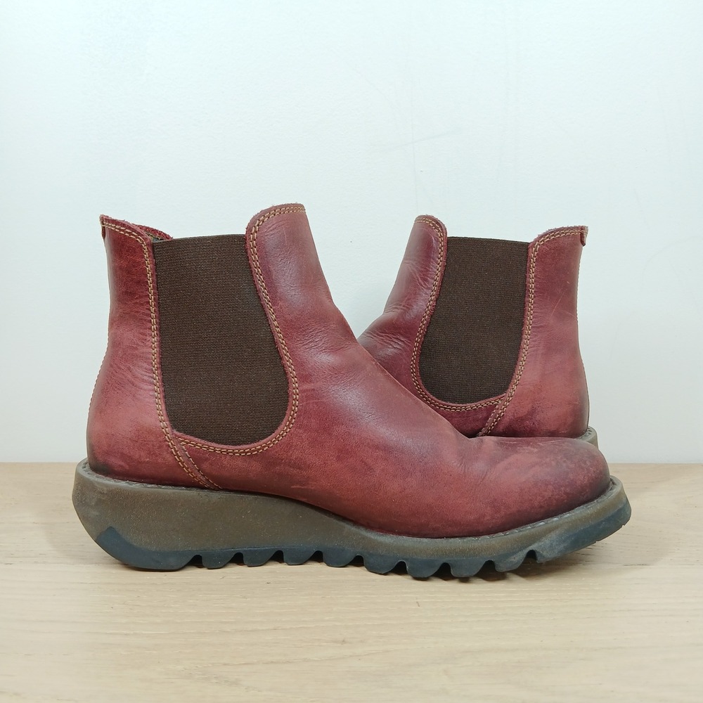 Fly London Ankle Boots Women's 7-7.5 /38 Burgundy Rug Leather Chelsea Wedge - Picture 4 of 12